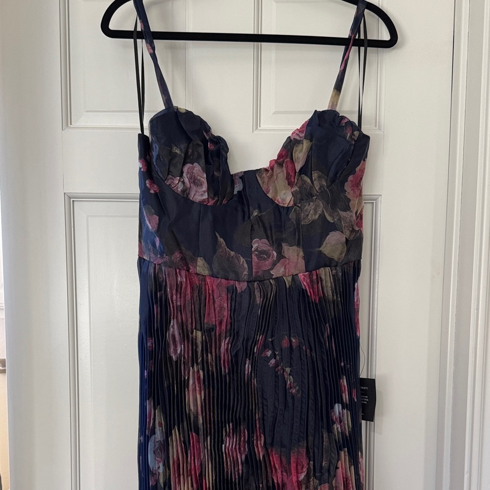 Lulu's Navy Floral Pleated Bustier Maxi Dress